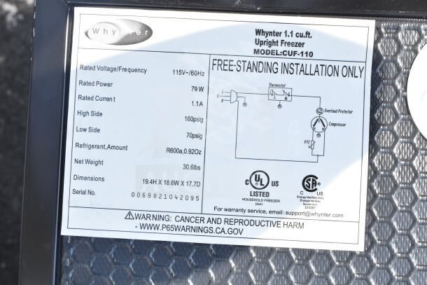 Whynter CUF-110 Mini Freezer, 115 Volts, 1.1 cu. ft., 19.4H x 18.6W x 17.7D, R600a refrigerant, UL listed.