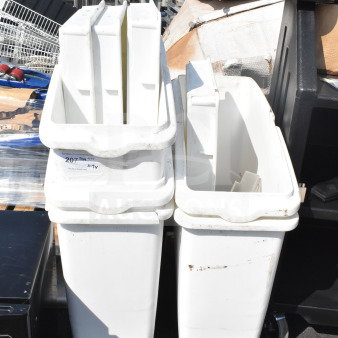 Nine assorted kitchen bins, including ingredient and dough bins. White, used condition. Visible auction label with lot details.