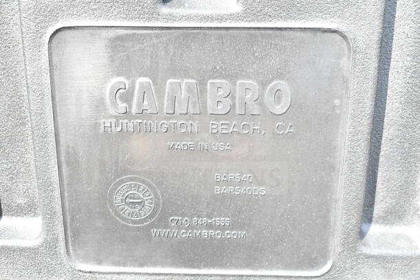 Cambro BAR540110 label indicating model, made in Huntington Beach, CA, USA. Includes website and contact number.