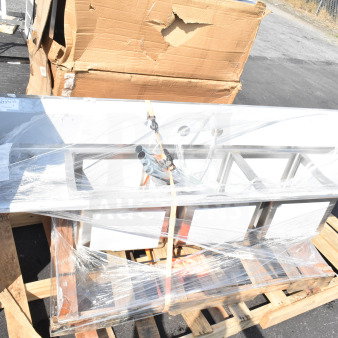 BRAND NEW Regency 600S31717218 Commercial 3 Bay Sink with dual drain board, scratch and dent condition, on pallet.