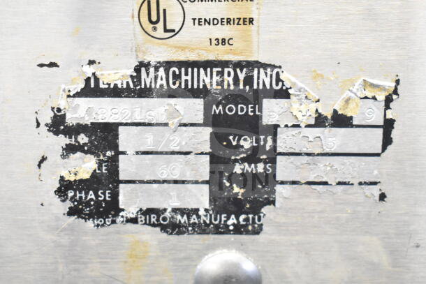 Biro Sir Steak Commercial Meat Tenderizer label, showing model 138C, 115 volts, 1 phase, used condition.