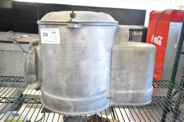 P15 Commercial Potato Peeler Barrel in used condition. Model P15 marked on side. Metal body with operation instructions visible.