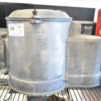 P15 Commercial Potato Peeler Barrel in used condition. Model P15 marked on side. Metal body with operation instructions visible.