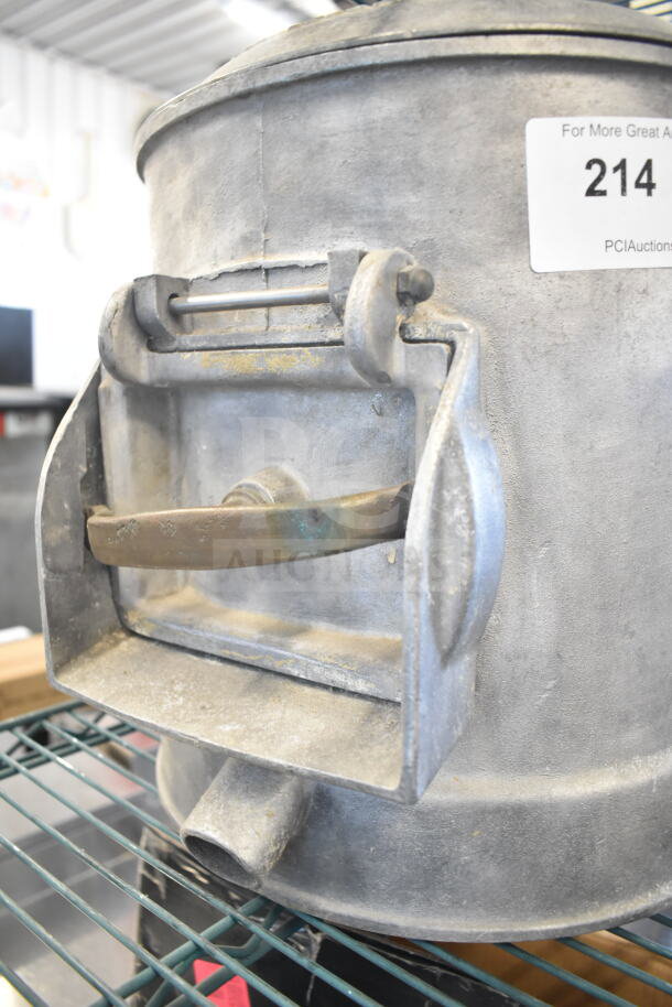 P15 Commercial Potato Peeler Barrel, model P15. Metal construction, industrial-grade, visible wear, auction tag 214.