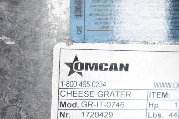 2017 Omcan GR-IT-0746 cheese grater label, 110V, 1 Phase, model info visible, commercial use.