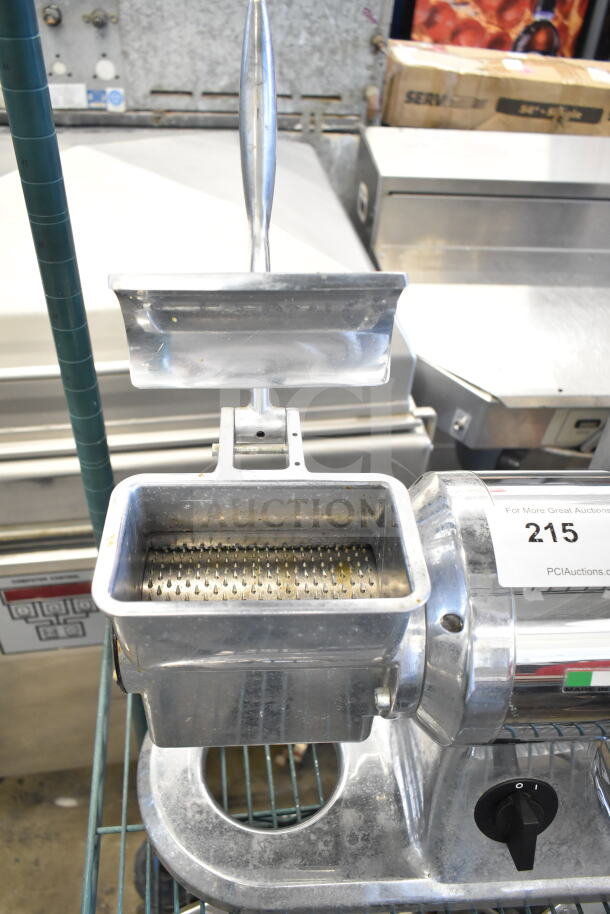 2017 Omcan GR-IT-0746 commercial countertop cheese grater, 110V, 1 phase, durable metal body, slight wear, auction tag visible.