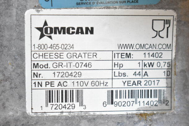 2017 Omcan GR-IT-0746 commercial cheese grater label, 110 volts, 1 phase, model details, 1 kW power, 44 lbs.