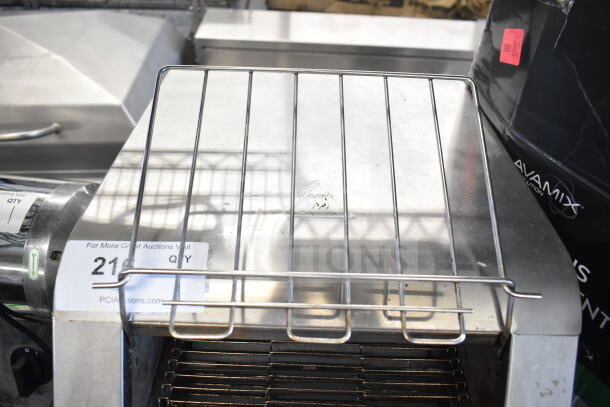 BI006192 Commercial Electric Conveyor Toaster Oven, 110 Volts, 1 Phase. Stainless steel build, control knobs visible.