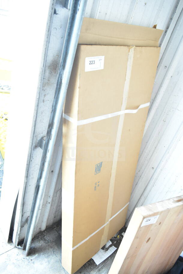Brand new scratch and dent menu board in box, item number 223, cardboard packaging visible, 6 ft size.