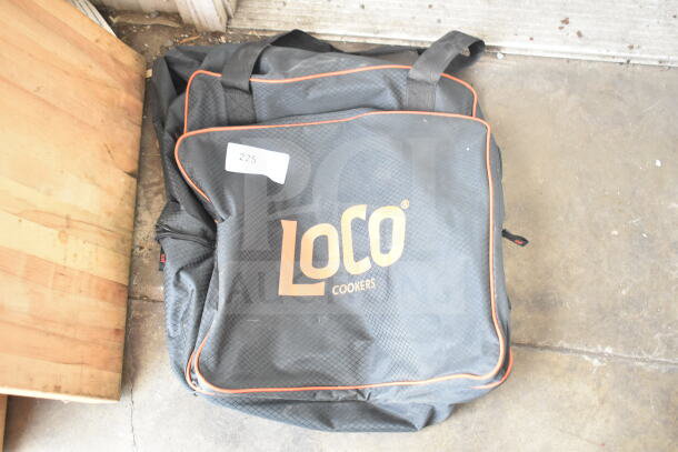 Loco Cookers bag with logo, black with orange trim, sturdy handles, visible label "225," in good condition.