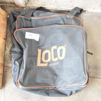 Loco Cookers bag with logo, black with orange trim, sturdy handles, visible label "225," in good condition.