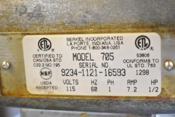 Berkel 705 commercial meat tenderizer label showing model, voltage, certifications, and serial number details.