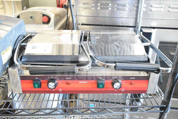 Eggkitpo EGG-813EB Commercial Double Panini Press, 110V, 1 Phase, stainless steel, adjustable heat dials, two handles.