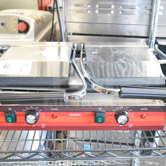 Eggkitpo EGG-813EB Commercial Double Panini Press, 110V, 1 Phase, stainless steel, adjustable heat dials, two handles.