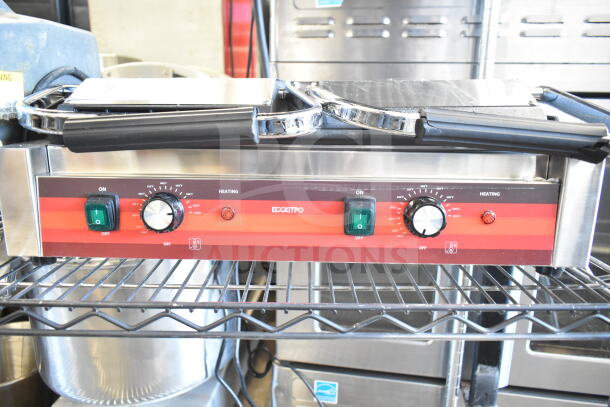 Eggkitpo EGG-813EB Commercial Double Panini Press, 110V, 1 Phase, stainless steel, dual temperature controls, excellent condition.