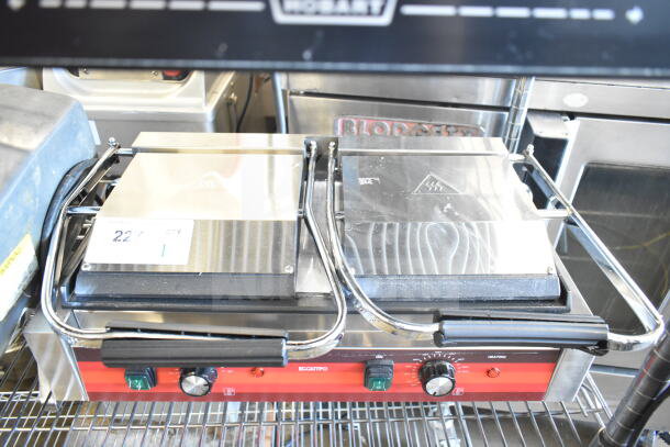 Eggkitpo EGG-813EB commercial double panini press, stainless steel, 110V, 1-phase, excellent condition, visible controls.
