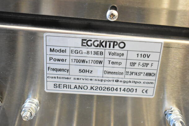 Eggkitpo EGG-813EB commercial double panini press label. 110V, 1700W, temp 120-570°F, dimensions 22.24"x14.57"x7.48".