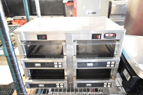Carter Hoffmann MC2W2S commercial countertop holding bin, 120V, 1 Phase, stainless steel, dual compartments, with control panels.