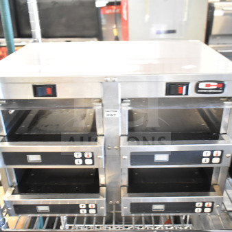 Carter Hoffmann MC2W2S commercial countertop holding bin, 120V, 1 Phase, stainless steel, dual compartments, with control panels.