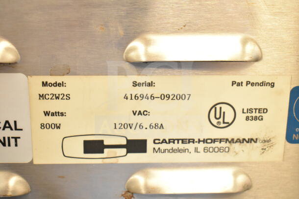 Carter Hoffmann MC2W2S holding bin label detailing 800W, 120V/6.68A, model MC2W2S, serial 416946-092007, UL listed marking.