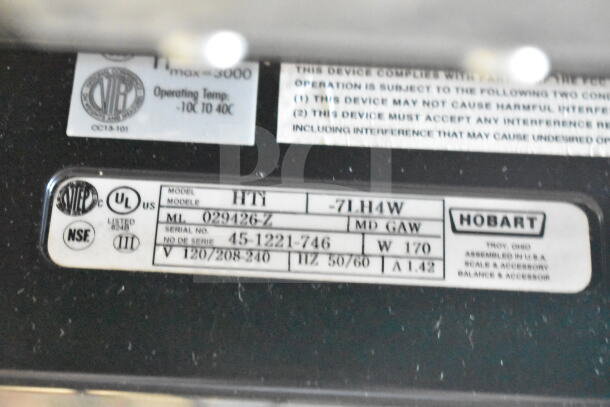 2020 Hobart HTi-7LH4W food scale label, 120/208-240V, UL, NSF markings, serial no. 45-1221-746, tested working condition.