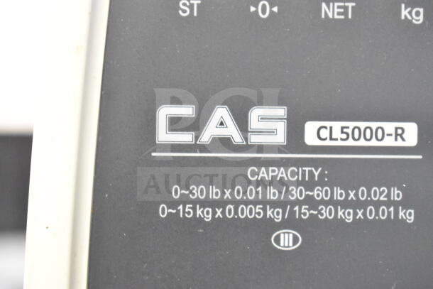 CAS CL5000-R commercial scale, 60 lb capacity, 120V, CAS logo, capacity details visible, good condition.