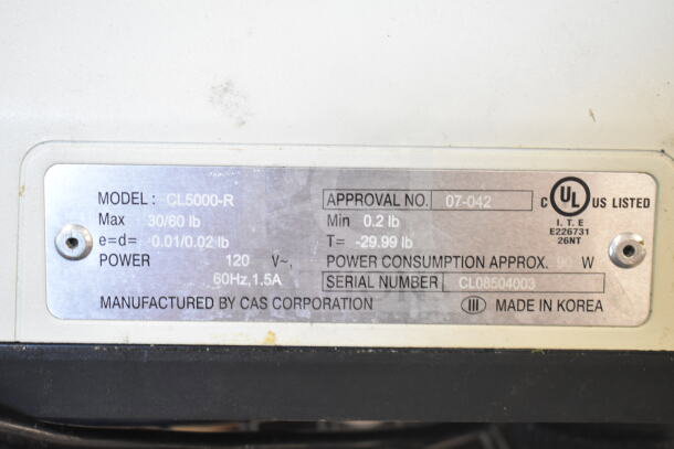 CAS CL5000-R scale label showing model, max 60 lb capacity, 120V, 1 phase, UL listed, made in Korea.