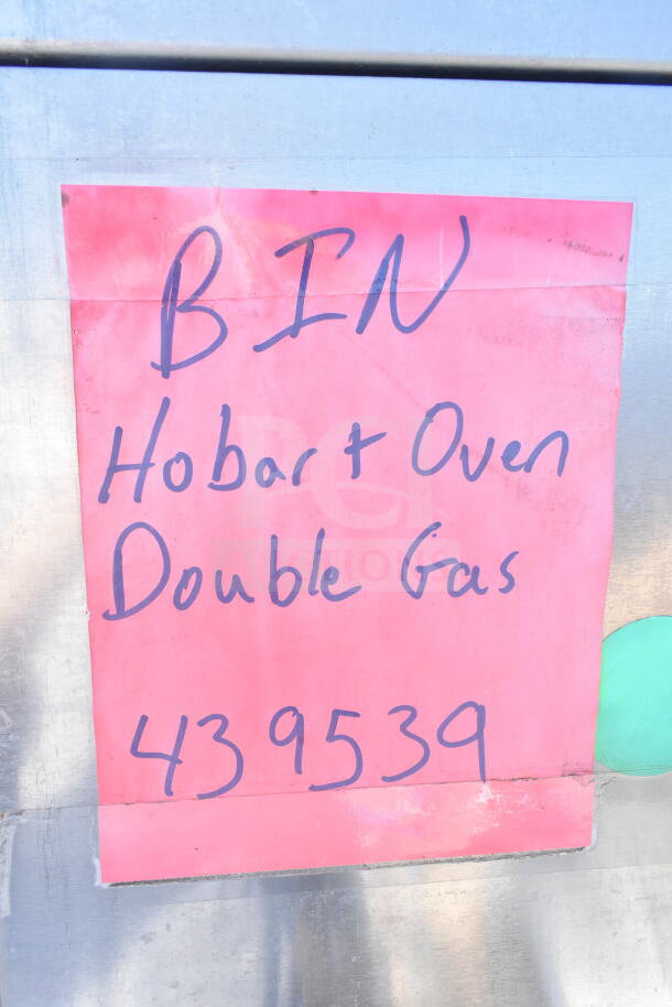 Hobart Commercial Roll In Rack Oven with handwritten label "BIN Hobart Oven Double Gas 439539."