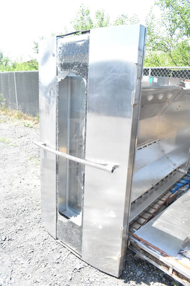 Hobart Commercial Roll In Rack Oven, stainless steel, damaged glass door, external, used condition.