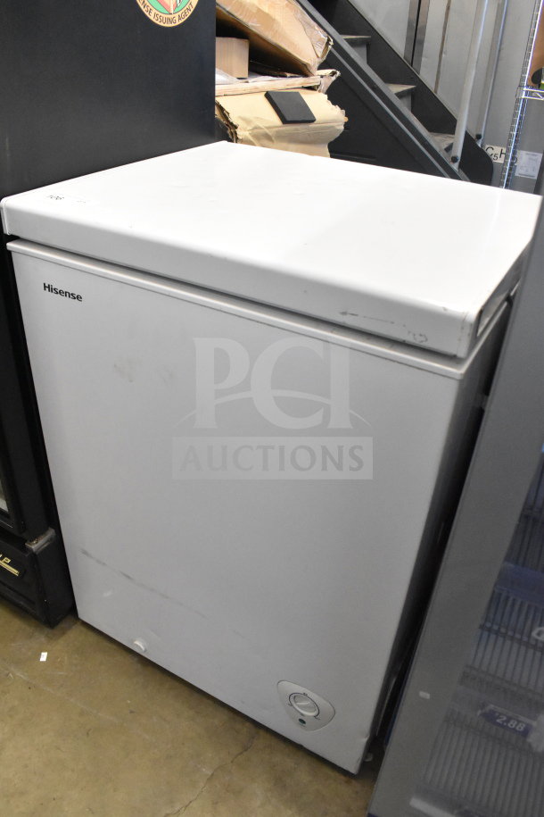 Hisense WFC050M6XWD chest freezer, white, 115 volts, visible scuffs. Compact size, ideal for small spaces.