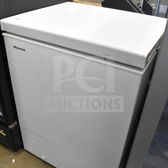 Hisense WFC050M6XWD chest freezer, white, 115 volts, visible scuffs. Compact size, ideal for small spaces.