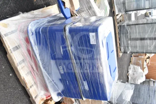 2 Lavex 47516DHTUBBL blue cube trucks, 16 cu. ft., 1000 lbs capacity, new scratch and dent, wrapped on pallet.