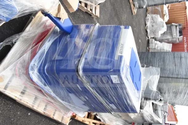 2 Lavex 47516DHTUBBL 16 cu ft cube trucks, blue, new with minor scratches, 1000 lbs capacity, wrapped on pallet.