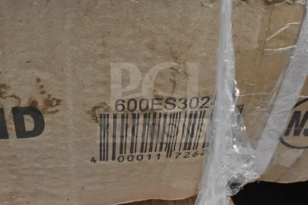 Cardboard packaging for new scratch and dent items, featuring barcode 600ES302. Items include an equipment stand and wire shelves.