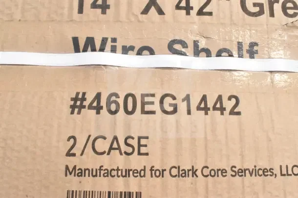 Cardboard box labeled "#460EG1442" for wire shelf, size 14"x42", 2 per case, by Clark Core Services.