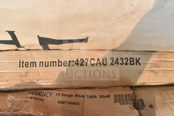 Cardboard box with markings for Regency 18 Gauge Work Table, size 30x48. Item number: 427CAU 2432BK.