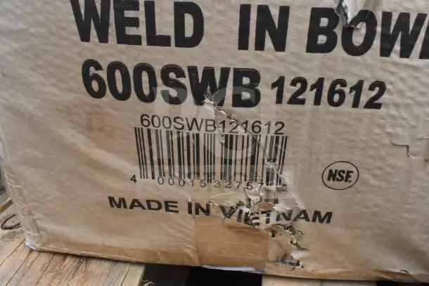 Cardboard box with "Weld in Bowl 600SWB 121612," barcode, "Made in Vietnam," and NSF label, showing packaging damage.