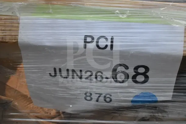 Plastic-wrapped pallet labeled "PCI JUN26-68" contains brand new scratch and dent items, including shelving posts and under shelf, sold at auction.