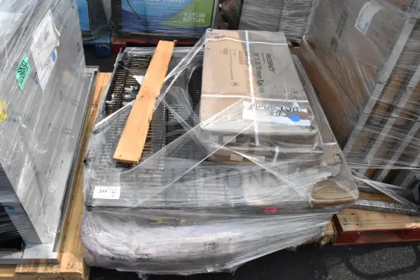 9 brand new scratch and dent wire shelves, model 460EG1836, green epoxy, wrapped on pallet. Includes multiple kits.