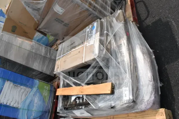 Plastic-wrapped pallet containing 9 new scratch and dent items, including 460EG1836 green epoxy wire shelves, marked for auction.