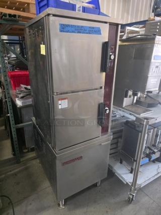 Crown GCX-10-24 gas convection steamer with 2 compartments, 10-pan capacity, 24" cabinet, 200,000 BTUs, stainless steel.
