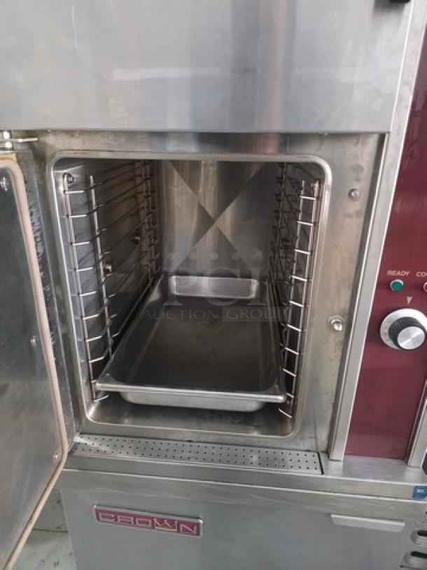 Crown GCX-10-24 natural gas convection steamer, 2 compartments, 10 pan capacity, 24" cabinet, used, 115V, 200,000 BTUs.