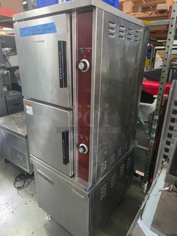 Crown GCX-10-24 natural gas convection steamer, 2-compartment, 10-pan, 24" cabinet, 200,000 BTUs, stainless steel.