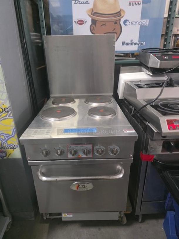 CPG 24" 4-burner electric range with space saver oven, 208V, 3 PH. Bottom cover is bent up.