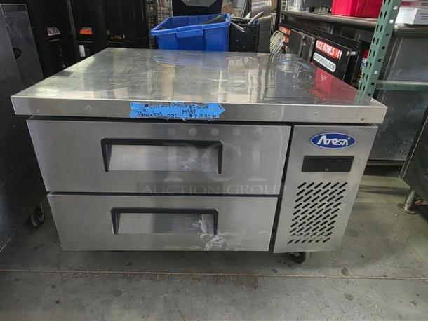 Atosa MGF8448GR 36″ refrigerated chef base with stainless steel exterior and two drawers, in good condition.
