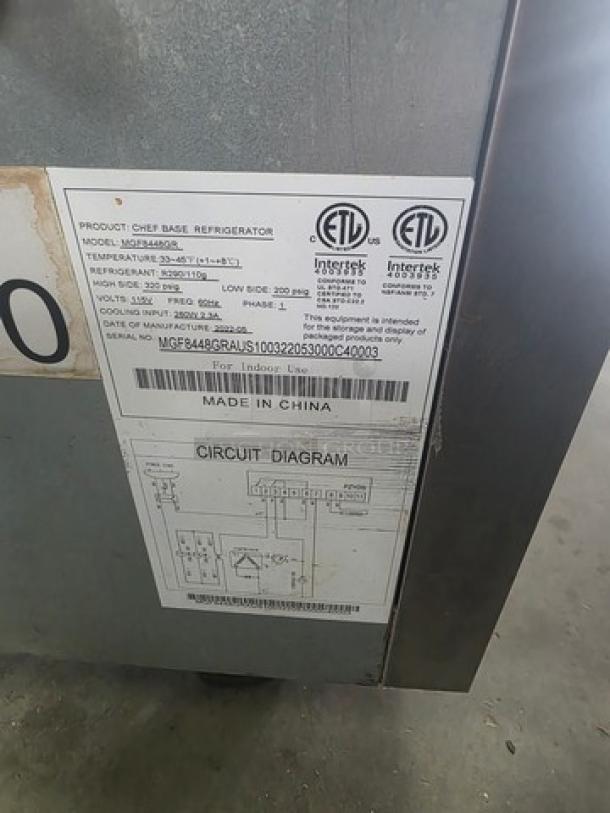 Atosa MGF8448GR 36" Refrigerated Chef Base, silver, label with model and specs, ETL certified, made in China.