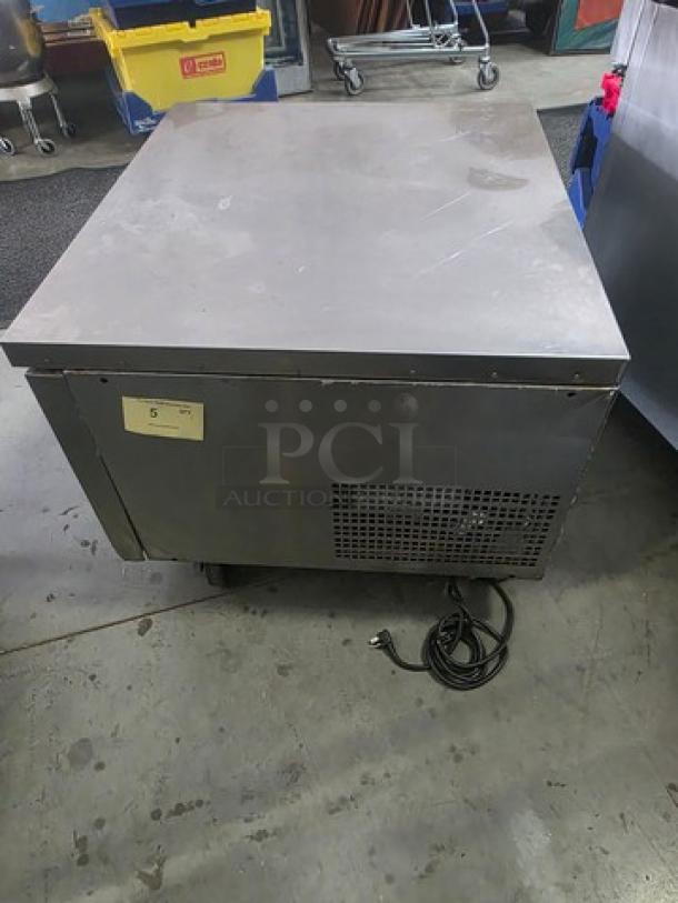 Atosa MGF8448GR 36″ Refrigerated Chef Base, stainless steel, visible wear, power cord included, number 5 tag present.