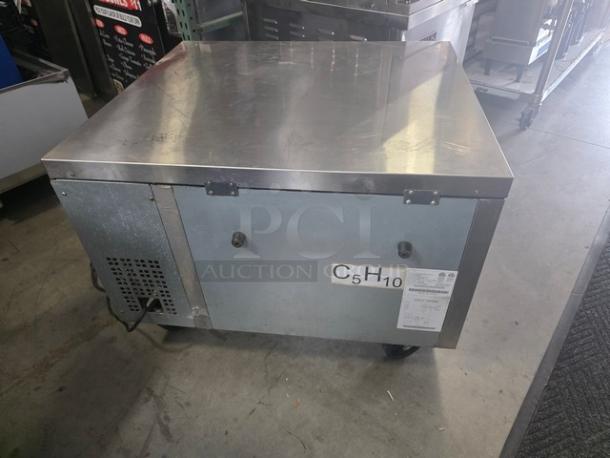Atosa MGF8448GR 36" refrigerated chef base, stainless steel, visible wear, model label and code "C5H10" on side.