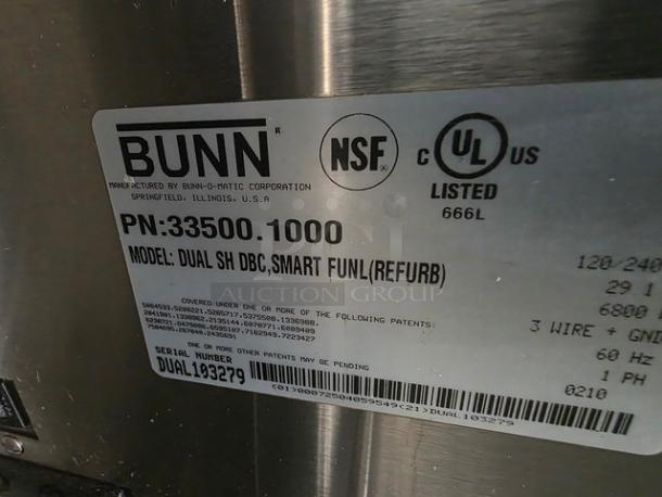 Bunn 33500.1000 Dual Coffee Maker Satellite System, 18.9 Gal/Hour. Label shows model, refurb status; NSF and UL listed.