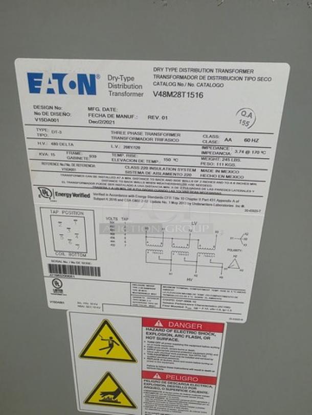 Eaton V48M28T1516 ventilated transformer, three-phase, 15 kVA, primary voltage 480V, secondary 208Y/120V, labeled details shown.